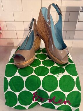 Peep-Toe Cork Wedge Sandals in Taupe